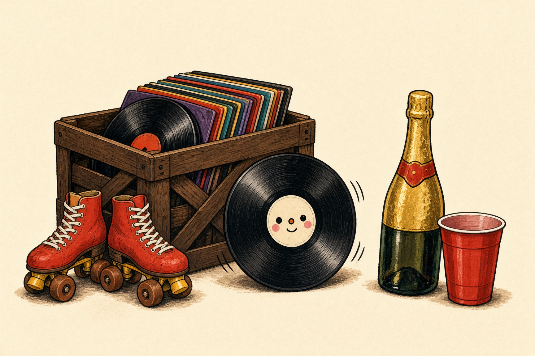 Record crate, rollerskates, champagne